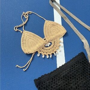 tan crochet bikini top